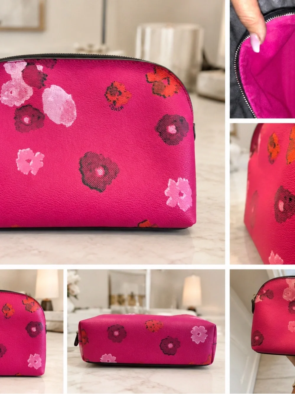 Rare - Coach Confetti Pink Multi Floral Leather Cosmetic Pouch
